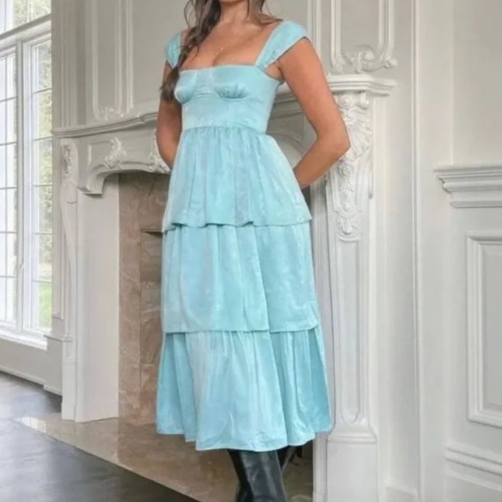 WeWoreWhat Light Blue Satin Corset Tiered Ruffle Midi Dress